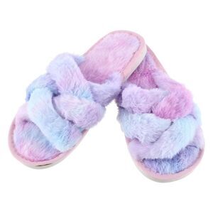 CTM Women's Open Toe Cross Band Fur Slide Slippers